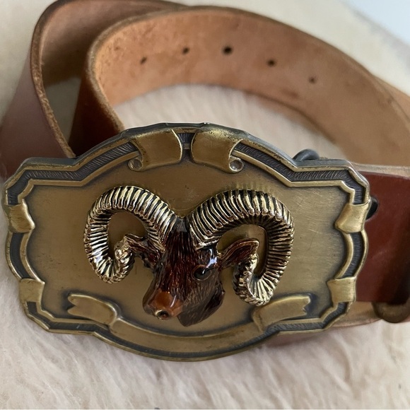 Women's 100% Leather Gold Ram Buckle Boho Indie Unique Belt - Picture 2 of 5